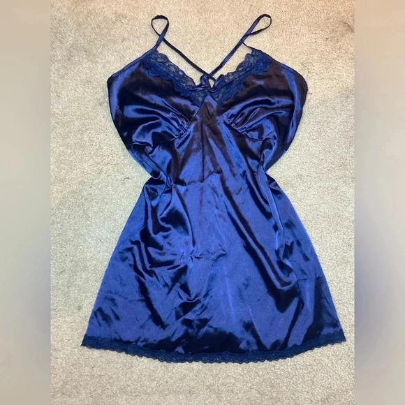 Satin Lace Trimmed Slip Dress Estimated Size Medium Navy - Picture 1 of 3